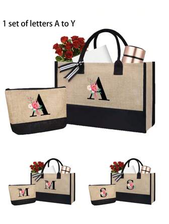 1 套黄色花朵字母手提包带储物袋，简约大容量手提包，便携式休闲储物手提包，多功能购物袋，新设计，适合婚礼、生日、书包、亚麻套装、海滩必备品、夏季女包，非常适合旅行、度假、假日和海滩，书包，便携式，可折叠，适合少女女大学生、大学、中学、高中、户外、旅行、郊游、工作、商务、通勤、节日、教师礼物，圣诞节最佳教师礼物