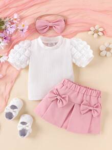 嬰兒女寶寶白色上衣配蝴蝶結,裙子配髮飾套裝 - 粉色 - 查看 2