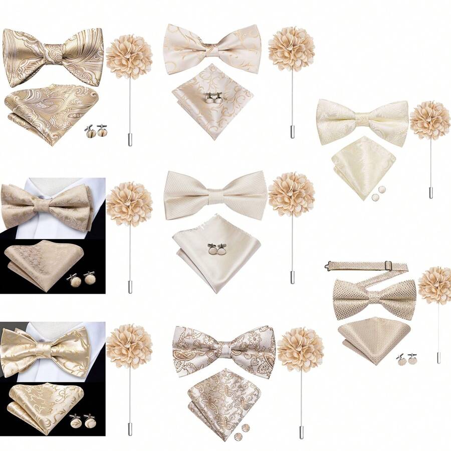 Men Silk Bow Tie Beige Plain Solid Paisley Floral Pre/Self Bow Tie Pocket Square Cufflinks Floral Pin Corsage Wedding Prom Gift Set - Multicolor - View 1