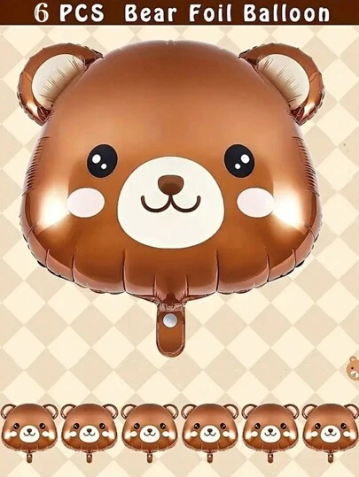 6pcs/Set Cartoon Bear Head Style Aluminum Foil Balloons, Suitable For Bear Themed Birthday, New Year Party And Room Decoration