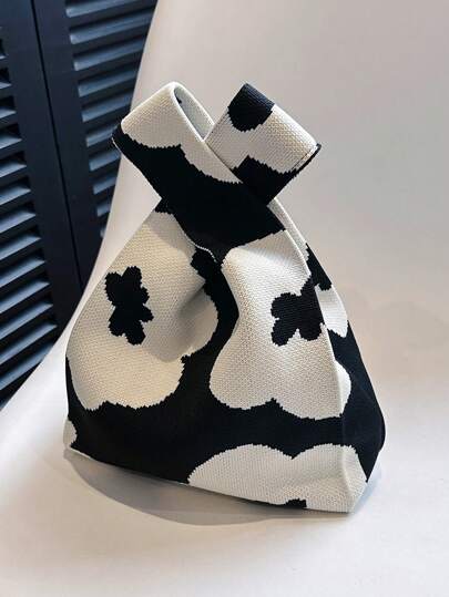 lulu kewen 1个花卉图案钩针手提包，迷你钩针托特包，透气轻便可折叠手提包，带口袋，优雅花卉钩针包，女士必备沙滩配饰