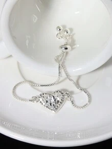 1 pieza Pulsera con cuerda de tiro con forma de corazón, diseño de plata y plegado, con decoración completa de rhinestones, apta para uso diario, cumpleaños, bodas y fiestas de mujeres el Día de San Valentín - Plateado - Ver 4