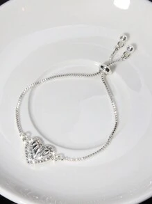 1 pieza Pulsera con cuerda de tiro con forma de corazón, diseño de plata y plegado, con decoración completa de rhinestones, apta para uso diario, cumpleaños, bodas y fiestas de mujeres el Día de San Valentín - Plateado - Ver 2