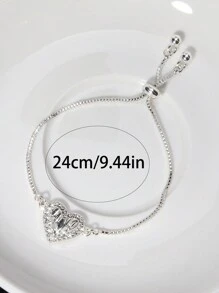 1 pieza Pulsera con cuerda de tiro con forma de corazón, diseño de plata y plegado, con decoración completa de rhinestones, apta para uso diario, cumpleaños, bodas y fiestas de mujeres el Día de San Valentín - Plateado - Ver 6