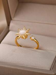 1件装时尚太阳蛋白石戒指，女士金色不锈钢材质，缓解焦虑，精致饰品礼品 - 銀色 - 查看 5