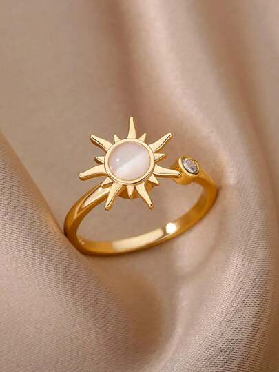 1Pc Fashion Sun Opal Fidget Ring For Women Gold Color Stainless Steel Anxiety Ring Spinner Ring Dainty Jewelry Gift