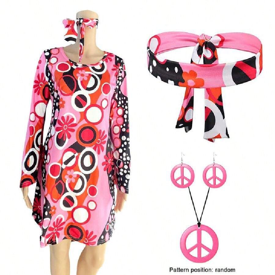 5pcs Women Hippie Dress Set With Headband, Necklace And Earrings For Girls And Women(Pattern Position Is Random) - Multicolor - View 1