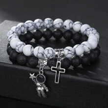 1 Set 2pcs Street Style Design White Turquoise & Lava Stone Beaded Astronaut & Hollow Cross Drop Oil Contrast Color Bracelet Kit For Couples And Festival Gift