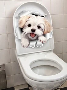 1pc 3D White Puppy Broken Wall Pattern Sticker, PVC Self-Adhesive Bathroom Wall Decal