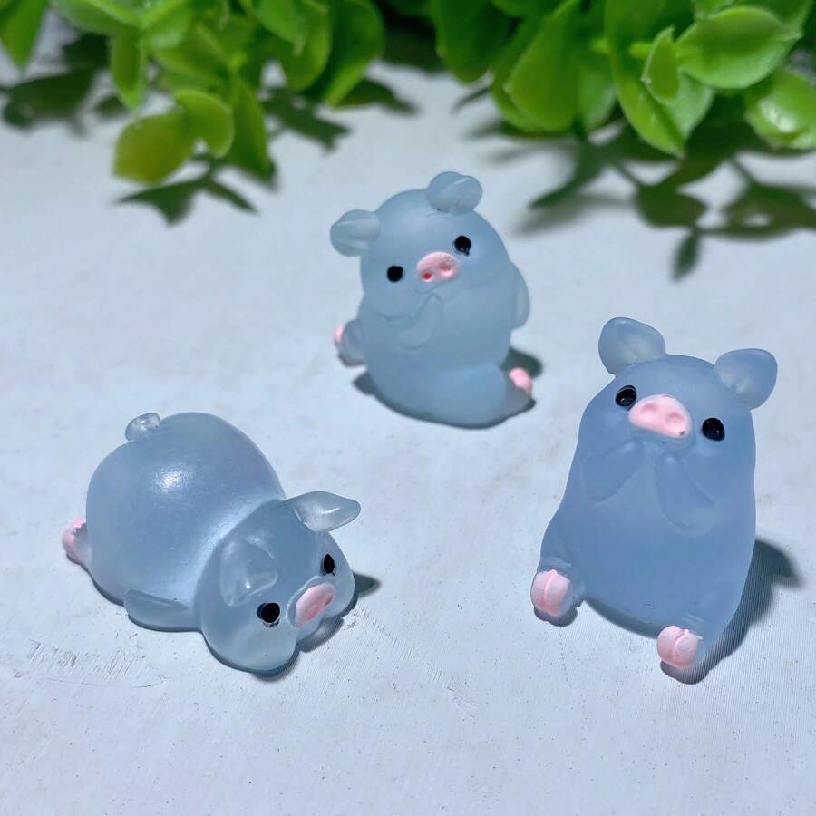 3pcs/Set Resin Miniature Pigs With Luminous Effect Suitable For Diy Home Decoration - Blue - View 1