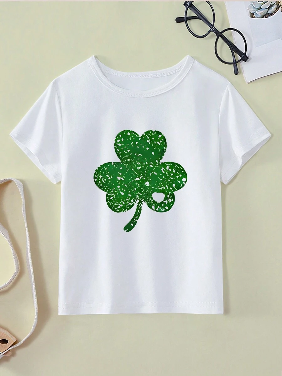 Young Girl Lucky Clover Graphic Print Short Sleeve TShirt, Summer