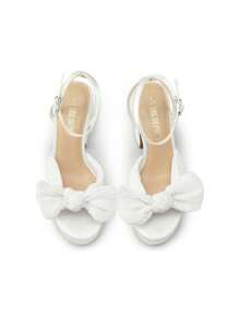 Women Chunky Platform Heeled Sandals, Pleated Bow Knot Ankle Buckle Strap Spring Summer Heeled Sandals, Open Toe Comfortable Y2K Dress Shoes For Prom, Wedding, Party - 白色 - 查看 7
