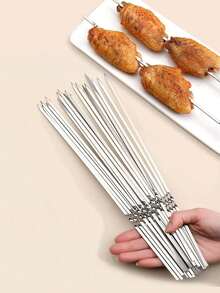 10pcs Bbq Skewers Stainless Steel Meat Needle Flat Shish Kebab Skewers Sticks - Silver - View 6