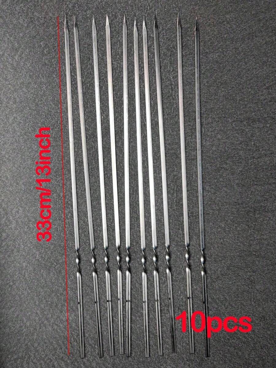 10pcs Bbq Skewers Stainless Steel Meat Needle Flat Shish Kebab Skewers Sticks - Silver - View 1
