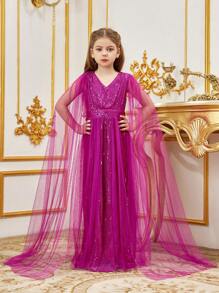 少女华丽珠饰薄纱及地晚礼服,超长闪亮袖子和优雅V领设计 - 修身剪裁,闪亮珠饰拼接设计,打造耀眼晚宴造型 - 中紫紅色 - 查看 4