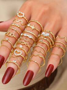 VKME 28 Pcs Alloy Small Fresh Rhinestone Set Love Wave Ring Set For Women's Daily Wear - Yellow Gold - View 2