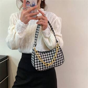 1 Pièce Élégant Sac À Bandoulière En Tissu À Motif Pied-de-poule Avec Sangle Détachable Et Fermeture Éclair, Sac À Main De Mode Élégant Pour Le Travail, Les Achats, Les Déplacements, Convient À Toutes Les Saisons Comme Cadeau Pour Le Festival