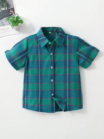 Young Boy Short Sleeve Plaid Shirt For Spring/Summer