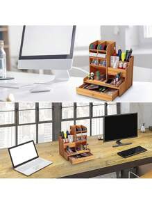 Organizador De Escritorio Con Cajón Para Oficina Madera Multiusos - Marrón - Ver 6