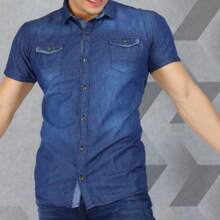 Camisa de mezclilla, corte slim con manga corta - Azul Marino - Ver 2