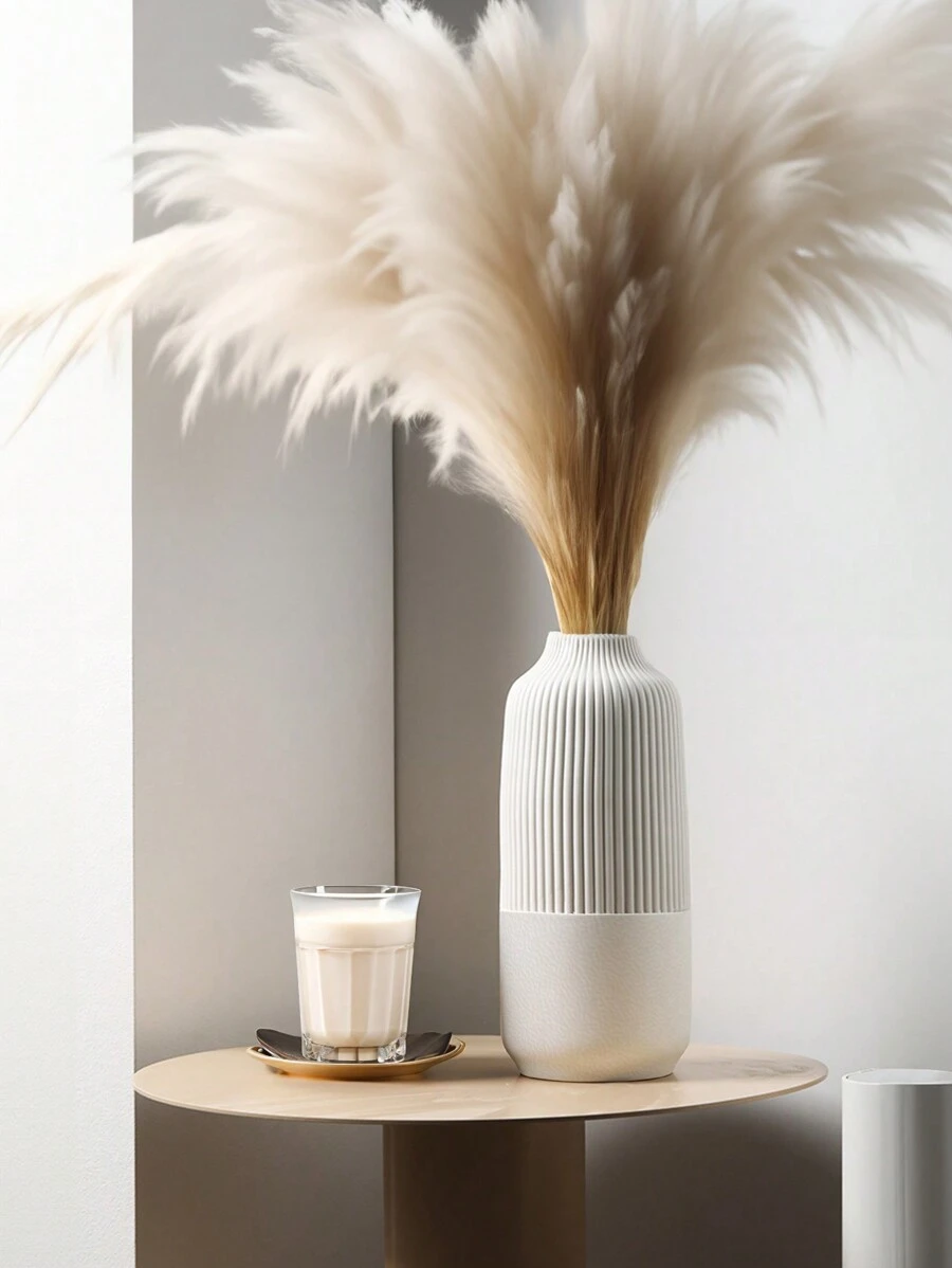 1 件防碎陶瓷塑料花瓶 - 现代简约光泽白色几何轮廓，带纹理哑光细节，不易破碎的桌面装饰，适用于客厅/办公室/画廊，四季单色艺术中心装饰品
