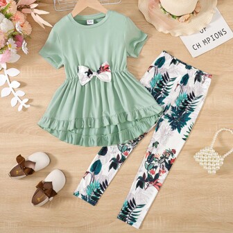 PatPat Conjunto de 2 peças para menina Tween, Top Peplum com Laço Frontal e Calça Floral Estampada