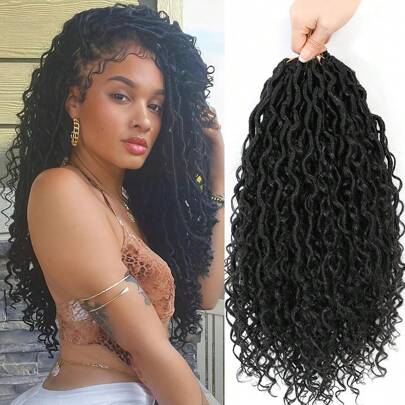 Nieuwe Goddess Locs haak haarextensies 14 inch 18 inch 24 inch 1 verpakking voorgeluste rivier faux locs golvende krullen faux locs bohemian haakvlechten (1B)