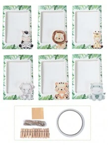 1 Set DIY Jungle Animal Style Paper Photo Card Set, Birthday Party Wall Hanging Decoration Photo Set, Cute Jungle Animal Pattern Birthday Party Commemorative Photo Display Photo Hanging Decoration Set, Party Background Decoration Supplies, Suitable For Displaying 4-Inch&6-Inch Photos, Hunting Themed Birthday, Birthday Party Room Wall Decoration, Photo Frame, Banner, Including Clip, Fine Hemp Rope, Double-Sided Tape