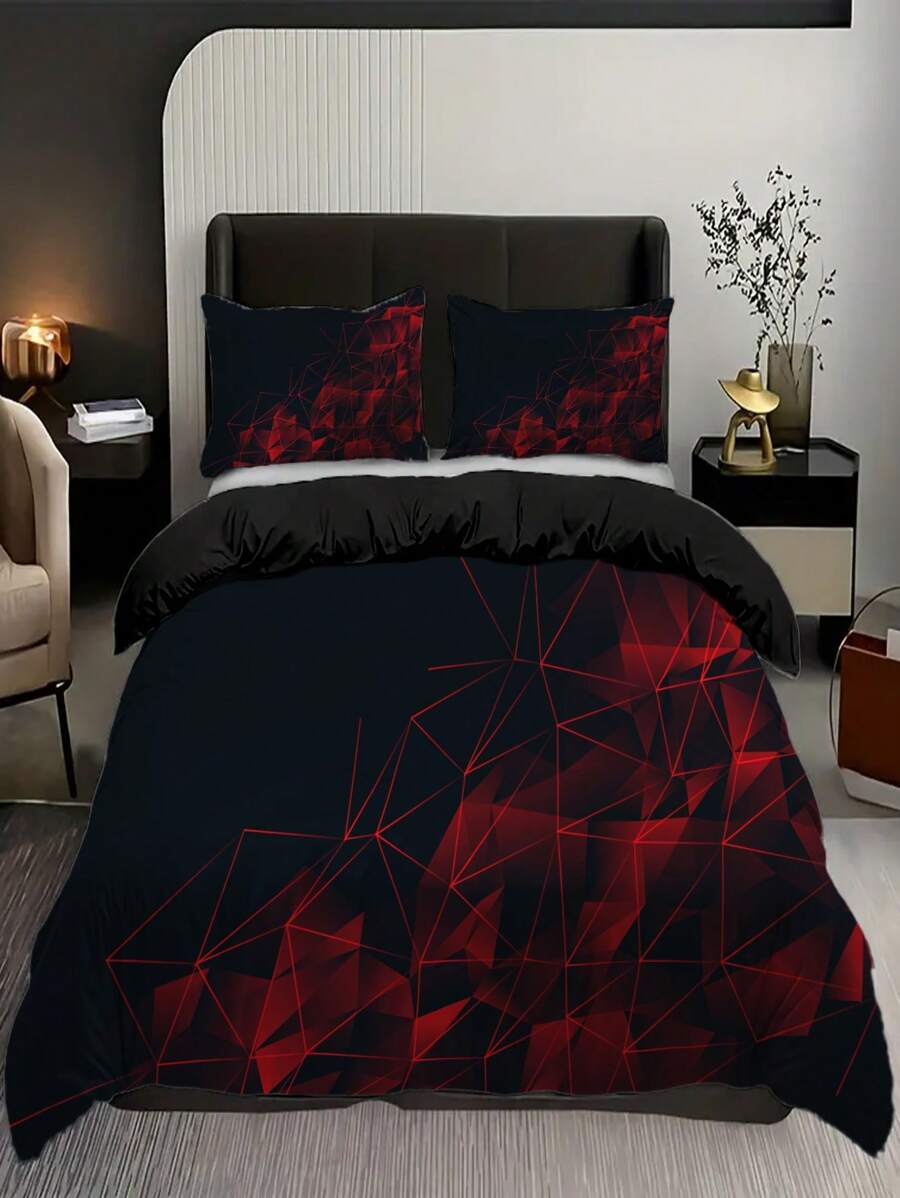 3入組幾何圖案床單套裝,柔軟舒適的被罩套,適用於臥室、客房(1件被罩+2件枕頭套,不帶芯) - 黑紅色 - 查看 1