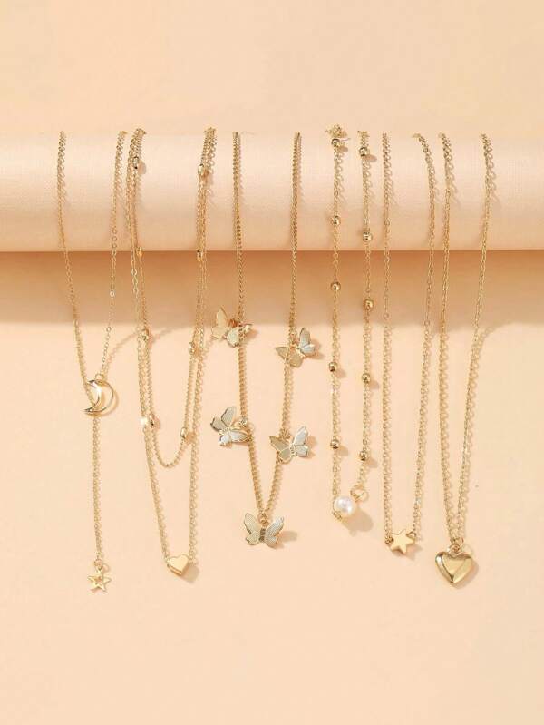 6 pièces/set Collier avec cœur, papillon, étoile, lune, faux perle. Parfait pour le port quotidien des dames, les rendez-vous, les vacances ou comme cadeau de la Saint-Valentin