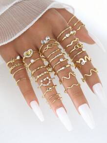 VKME 28 Pcs Alloy Small Fresh Rhinestone Set Love Wave Ring Set For Women's Daily Wear - Yellow Gold - View 1