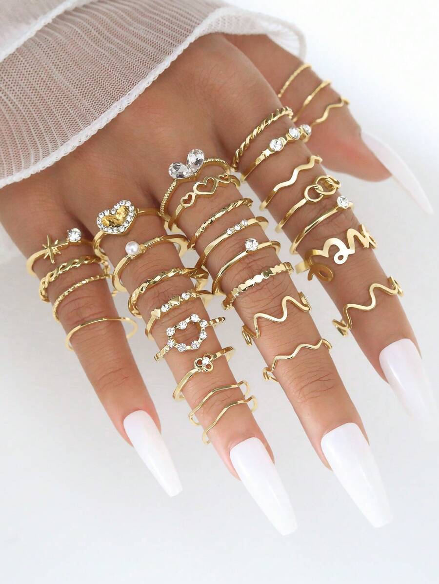 VKME 28 Pcs Alloy Small Fresh Rhinestone Set Love Wave Ring Set For Women's Daily Wear - Yellow Gold - View 1