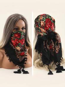 女士印花傳統頭巾圍巾,冬季多功能保暖防塵口罩頸圍,女士日常頭巾博霍風格