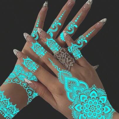 STARTTOOS Hình xăm tạm thời màu xanh phát sáng trong bóng tối, hình xăm giả hình bướm và trái tim ren trắng, thích hợp cho đám cưới, lễ hội âm nhạc, lễ hội hóa trang, ngày Valentine, quà tặng tiệc tùng, phù hợp cho cổ tay, mắt cá chân, vai, cổ, xương quai xanh, da toàn thân.