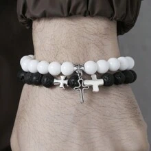 1 Set 2pcs Street Style Design White Turquoise & Lava Stone Beaded Astronaut & Hollow Cross Drop Oil Contrast Color Bracelet Kit For Couples And Festival Gift