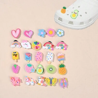 25pcs/Set Ice Cream Cake Shape, Fruit Shape, Unicorn Shape Shoe Charm Cartoon PVC Shoe Buckle, Soft Rubber Shoe Buckle DIY Accessories