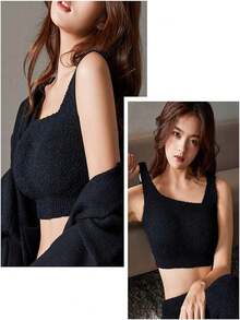 Women's Korean Style Fluffy Crop Top Tank Top - Black - View 1
