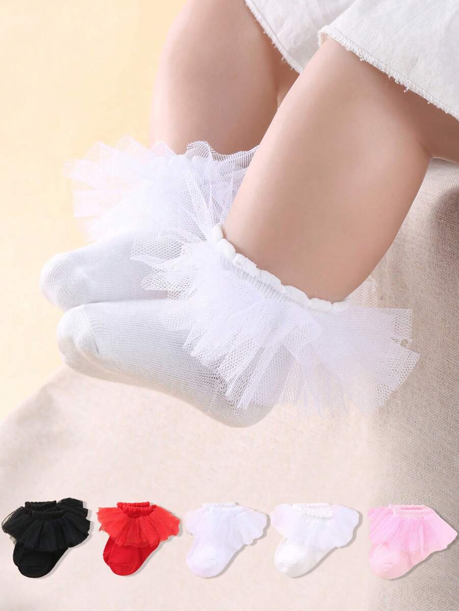 5 Pairs Baby Girls Lace Ruffle Socks Toddler Fluffy Socks - Multicolor - View 1