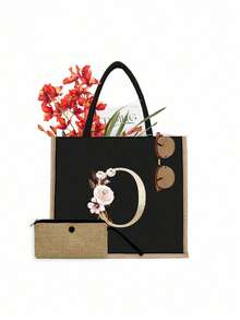 2 件/套简约花朵字母印花亚麻手提包，简约化妆包，大容量化妆包，圣诞礼物，多功能便携式教师手提包，教师感谢亚麻包，女性礼物，教师节礼物 - 黑色 - 查看 34