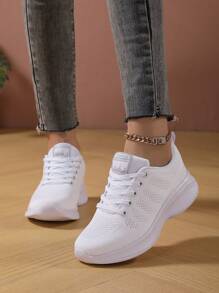 新品大尺碼透氣網布休閒跑步鞋,女運動鞋,輕盈舒適,女士運動鞋,男款慢跑鞋,旅遊鞋,白色步行休閒無性別鞋,白色情侶款散步鞋 - 白色 - 查看 2