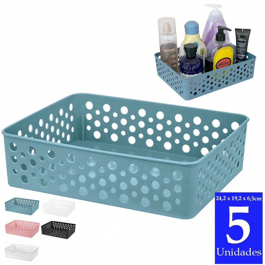 Kit 5 cestos organizadores médio para acessórios maquiagem material de escritório remédios armário gaveta multiuso geladeira cozinha despensa quarto banheiro lavanderia