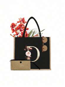 2 件/套简约花朵字母印花亚麻手提包，简约化妆包，大容量化妆包，圣诞礼物，多功能便携式教师手提包，教师感谢亚麻包，女性礼物，教师节礼物 - 黑色 - 查看 12