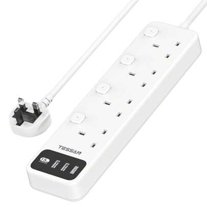  Extension Lead With 3 USB Slots, TESSAN 4 Way Multi Plug Extender With Individual Switches, Wall Mount Socket Extension Cable 2M, 3250W Multiplug Power Strip For Home, Office, School Supplies
