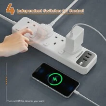 Multi Plug Extension Lead 5M, TESSAN 4 Way Plug Extender With Switches, Extension Cable With 3 USB Slots, 5 Metre Multiplug Socket UK 3250W For Home Office School Supplies - White - View 4