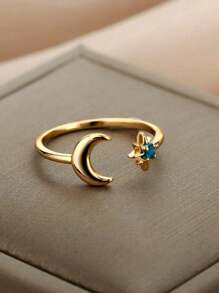 1pc Stylish Gold Plated Glow In The Dark Moon & Star Open Ring, Suitable For Women's Daily Wear, Jewelry Gift