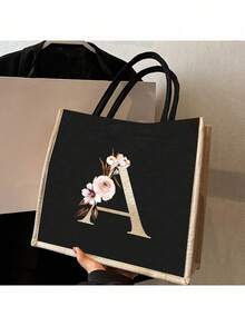 2 件/套简约花朵字母印花亚麻手提包，简约化妆包，大容量化妆包，圣诞礼物，多功能便携式教师手提包，教师感谢亚麻包，女性礼物，教师节礼物 - 黑色 - 查看 4