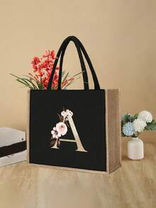 2 件/套简约花朵字母印花亚麻手提包，简约化妆包，大容量化妆包，圣诞礼物，多功能便携式教师手提包，教师感谢亚麻包，女性礼物，教师节礼物 - 黑色 - 查看 7