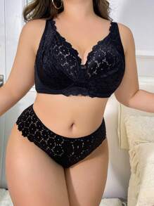 女性大尺碼超薄、性感、舒適的內衣褲套裝 - 黑色 - 查看 1
