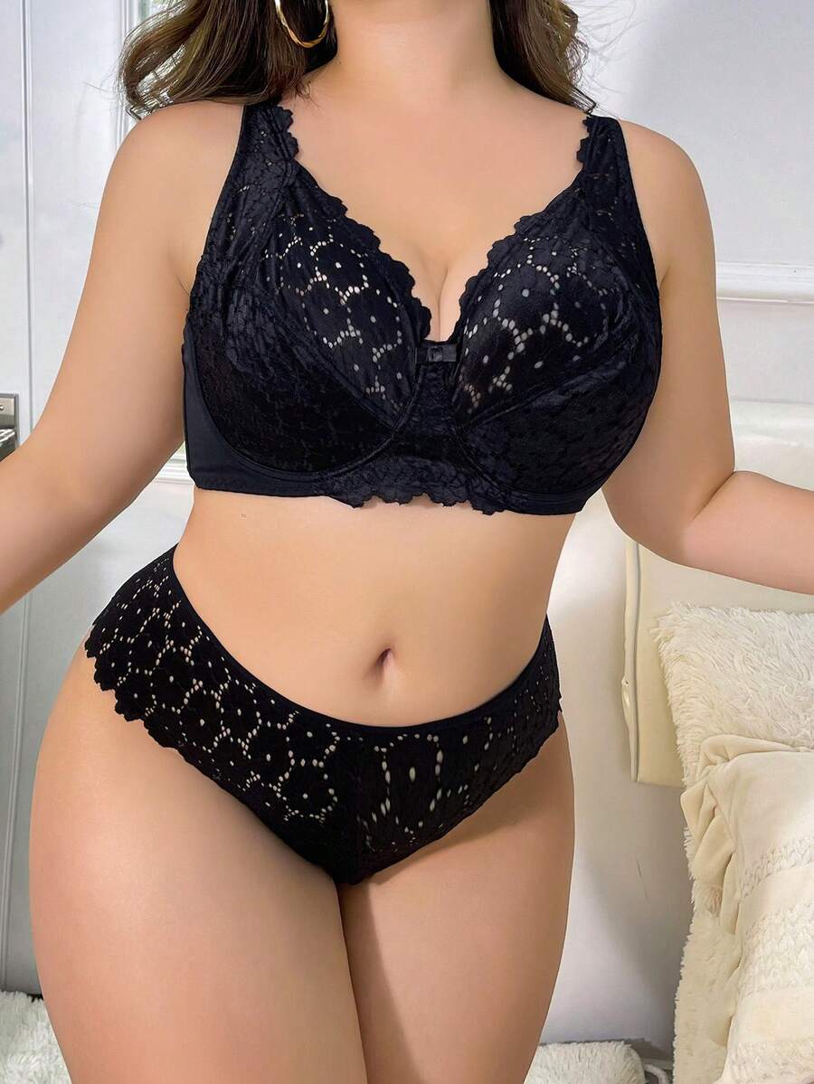 女性大尺碼超薄、性感、舒適的內衣褲套裝 - 黑色 - 查看 1