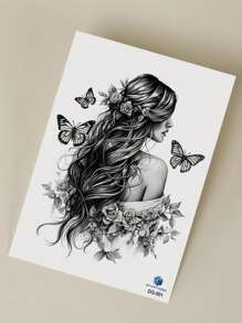 STARTTOOS 1pc Black Long-Haired Woman Back View Butterfly & Flower Pattern Full Arm, Chest, Abdomen, Back Temporary Tattoo Sticker - Black - View 7